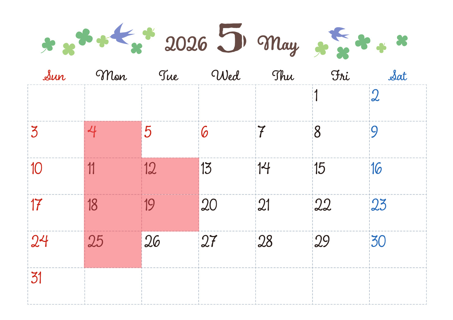 5月の定休日のお知らせ